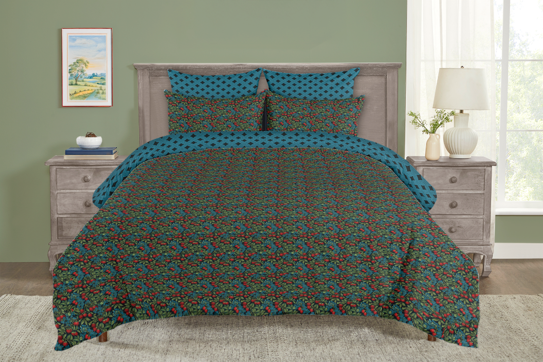 5 Piece Reversible Duvet Cover Set | Cotton Blend | Red Berries, Blue Flowers - William Morris Inspired Collection