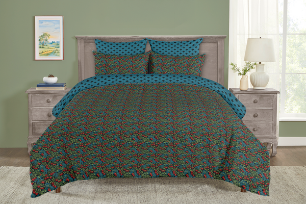 5 Piece Reversible Duvet Cover Set | Cotton Blend | Red Berries, Blue Flowers - William Morris Inspired Collection