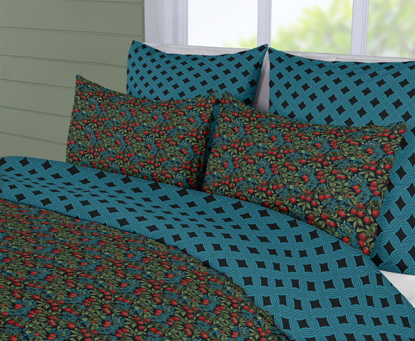 5 Piece Reversible Duvet Cover Set | Cotton Blend | Red Berries, Blue Flowers - William Morris Inspired Collection