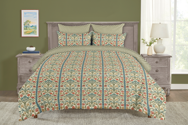 5 Piece Reversible Duvet Cover Set | Cotton Blend | Summer Bouquet - William Morris Inspired Collection