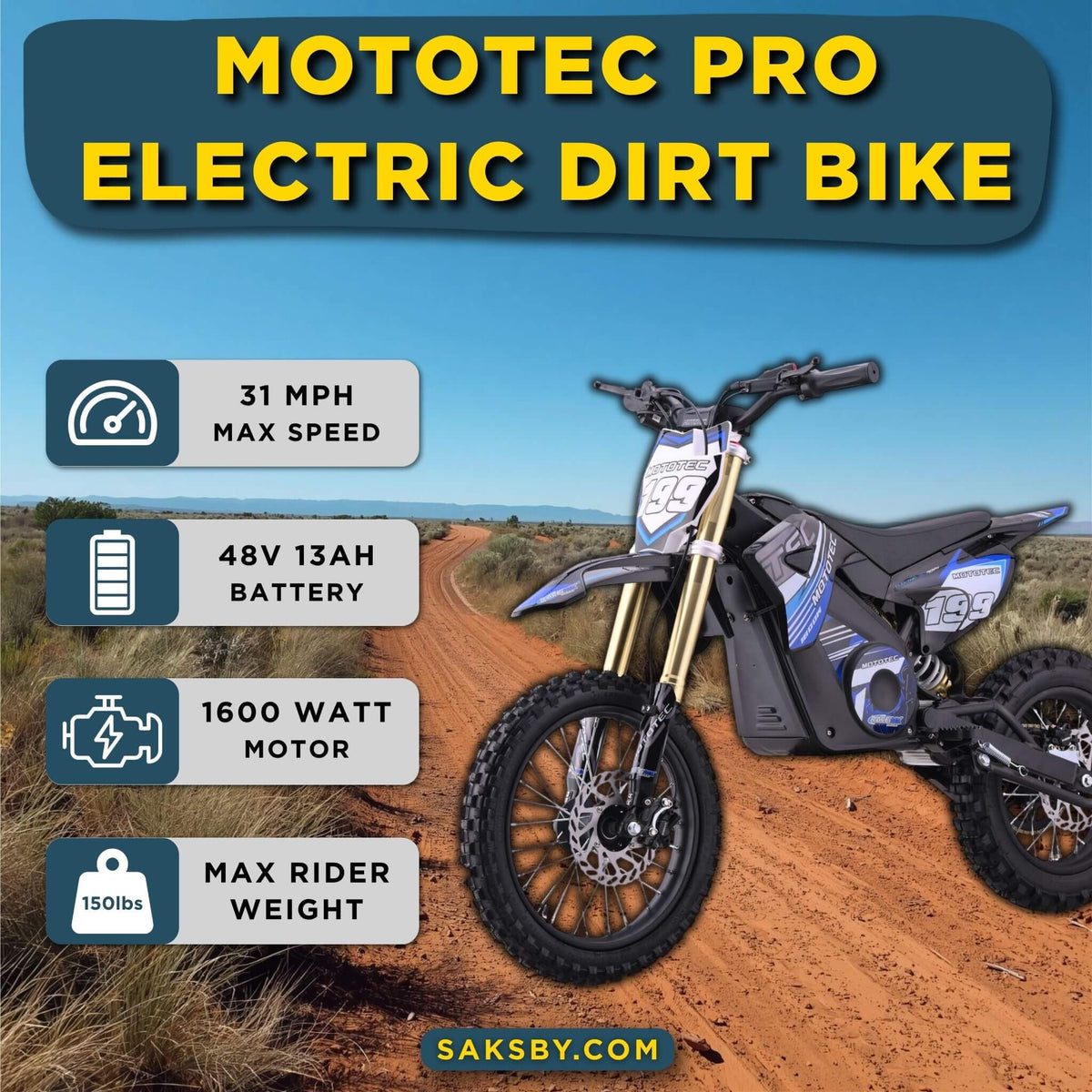 MotoTec 48V 1800W Pro High-Performance Electric Dirt Bike (SAK51948)