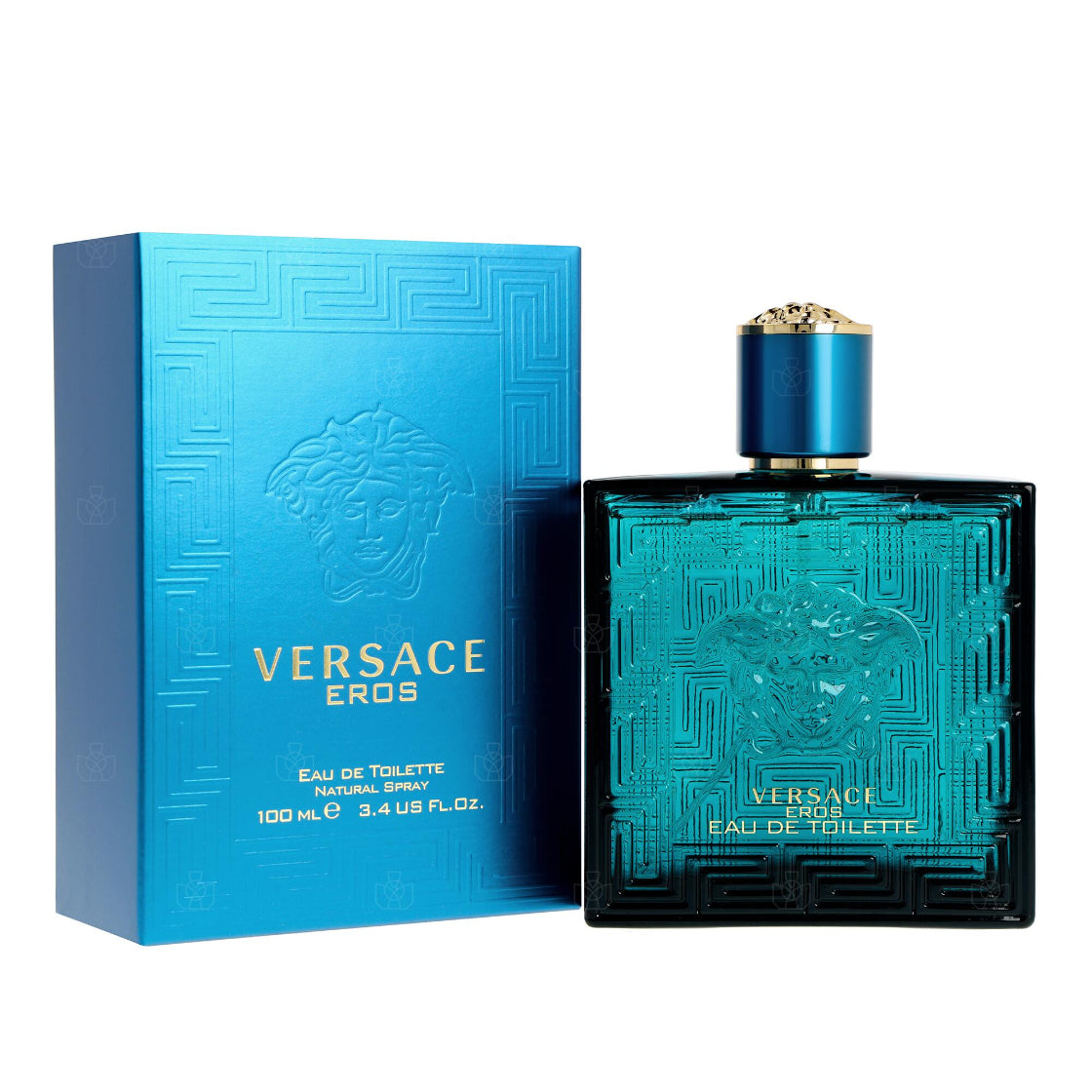 100ml Versace Eros perfume bottle and packaging on a white background