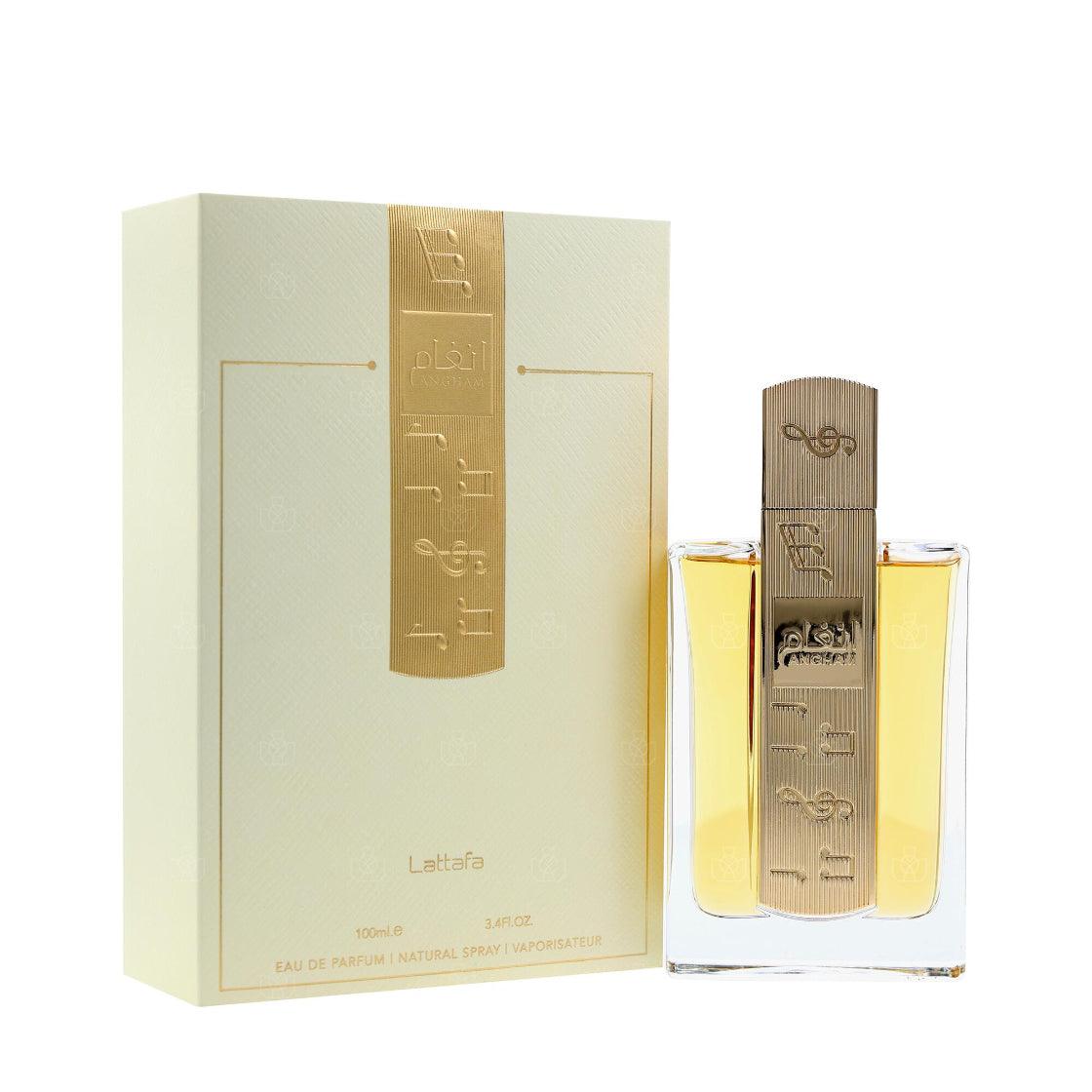 Lattafa
Angham Perfume bottle and packaging with gold accents on a white background