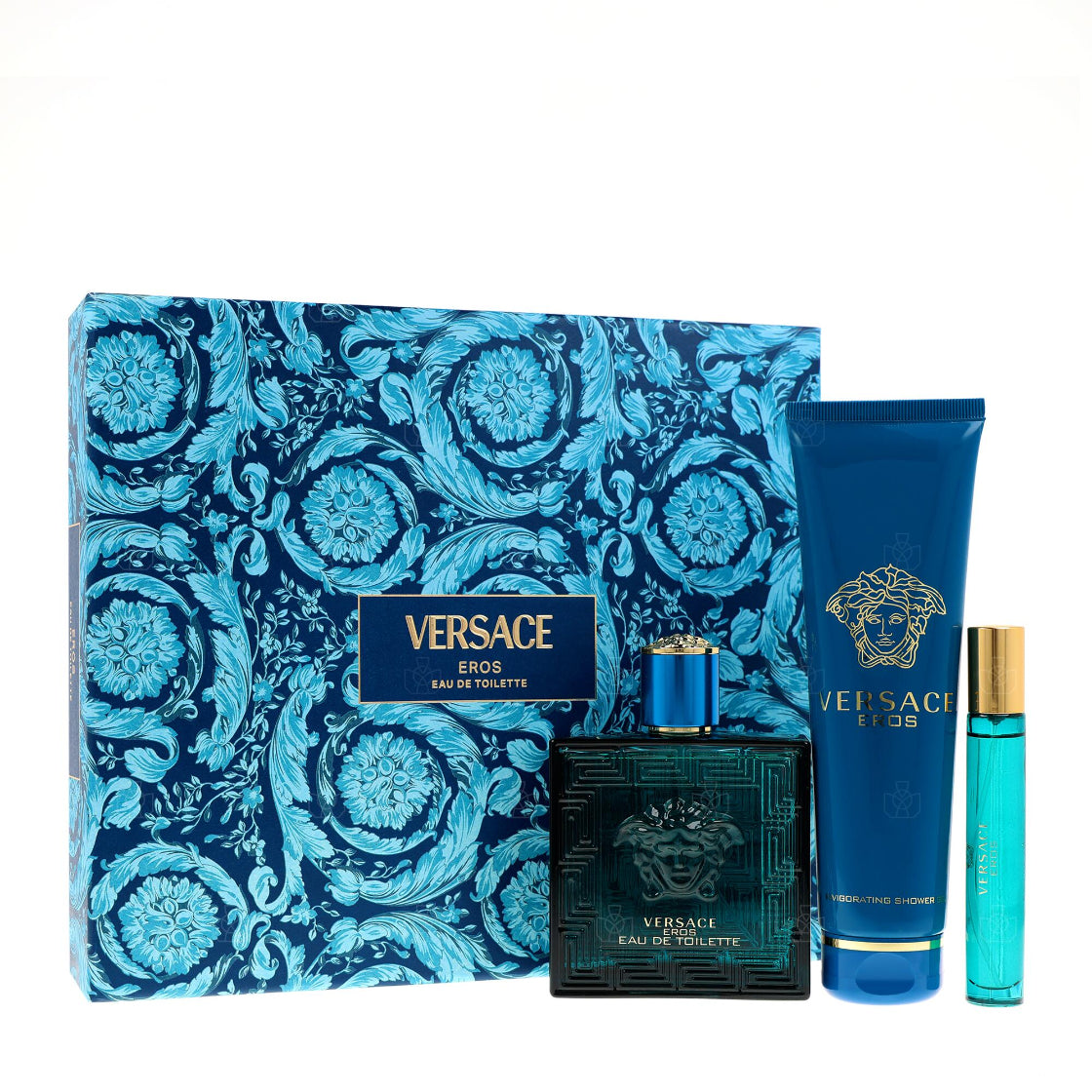 3 piece gift set - v3 Versace Eros perfume set with blue and black packaging on a white background