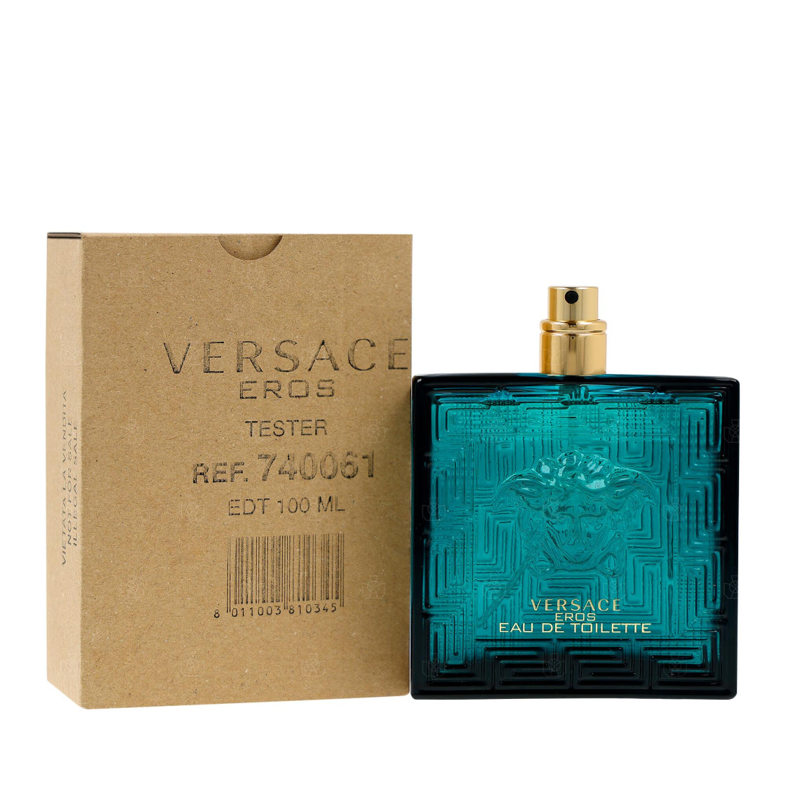 100ml tester Versace Eros perfume bottle and packaging on a white background
