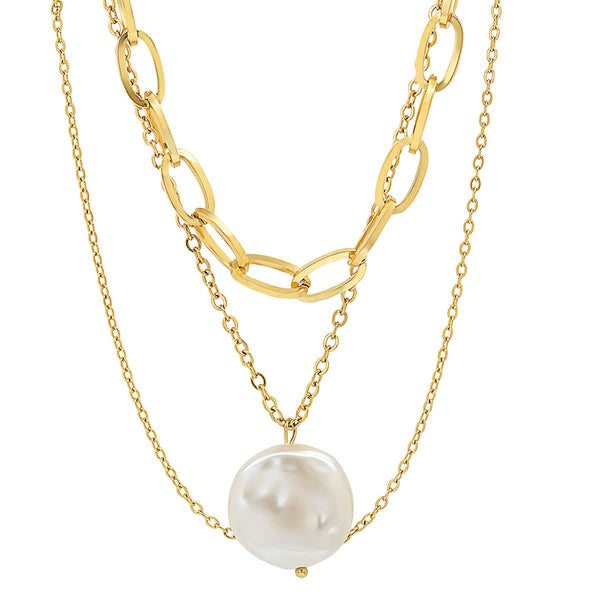 Multi Row Chain Necklace with Pearl Charm