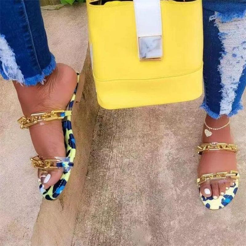 Multicolor Flat Slippers Women Shoes Elegant Summer New Woman Sandals Chain Sandal Flip Flops Casual Beach Dress Slides Sandals Beach Open Toe Flat Slippers Fashion Chain Clear Slide Flip Flops