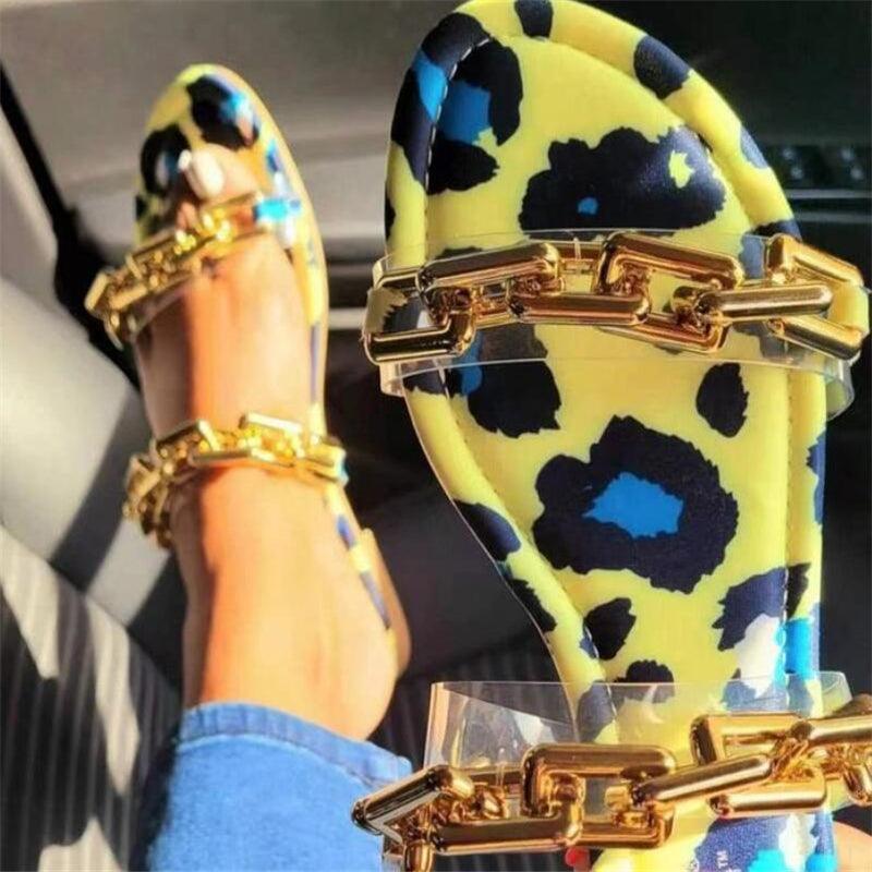 Multicolor Flat Slippers Women Shoes Elegant Summer New Woman Sandals Chain Sandal Flip Flops Casual Beach Dress Slides Sandals Beach Open Toe Flat Slippers Fashion Chain Clear Slide Flip Flops