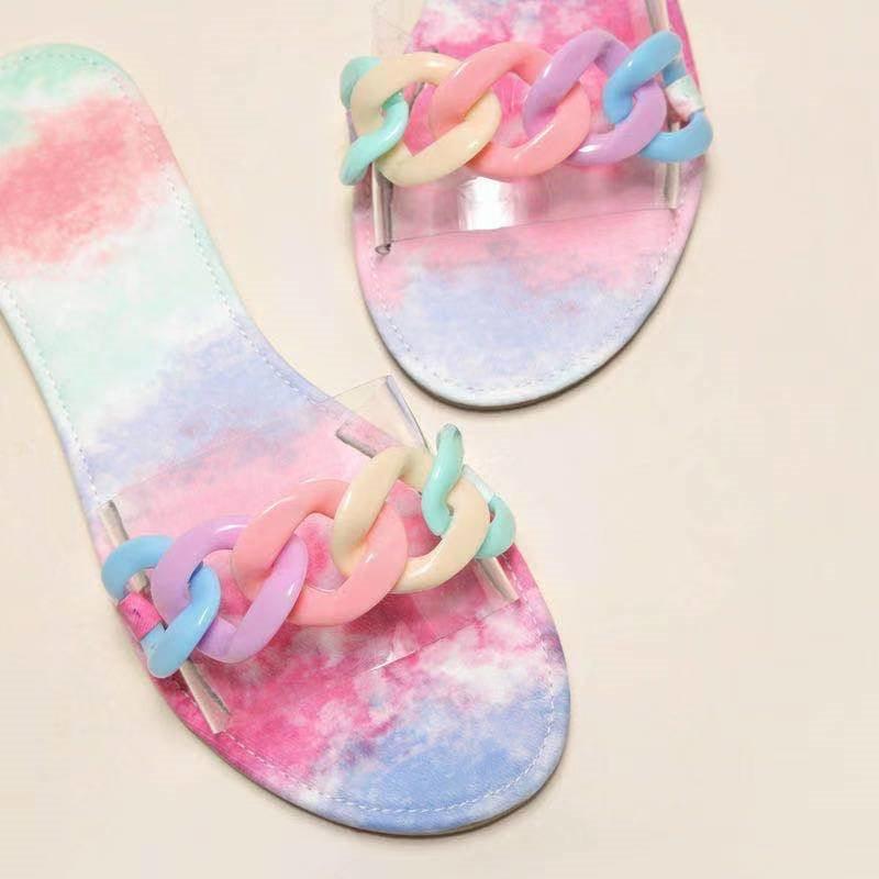 Multicolor Flat Slippers Women Shoes Elegant Summer New Woman Sandals Chain Sandal Flip Flops Casual Beach Dress Slides Sandals Beach Open Toe Flat Slippers Fashion Chain Clear Slide Flip Flops