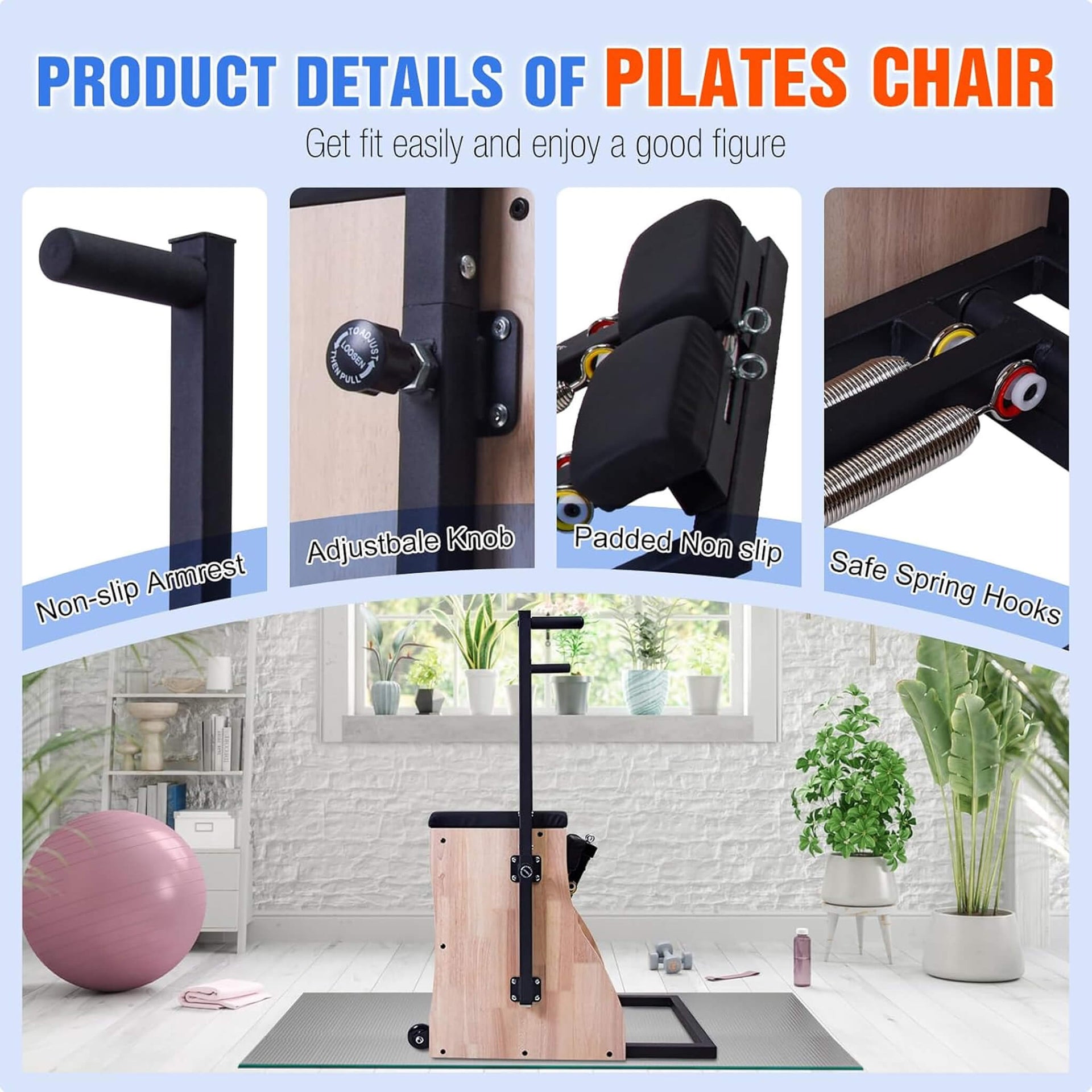 Multifunctional Solid Wood Pilates Reformer Chair With Adjustable Springs And Split Pedals (SAK27581)