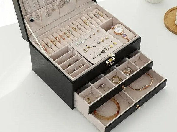 3 Layer Leather Jewelry Box Organizer Case with Compartments 23x17cm