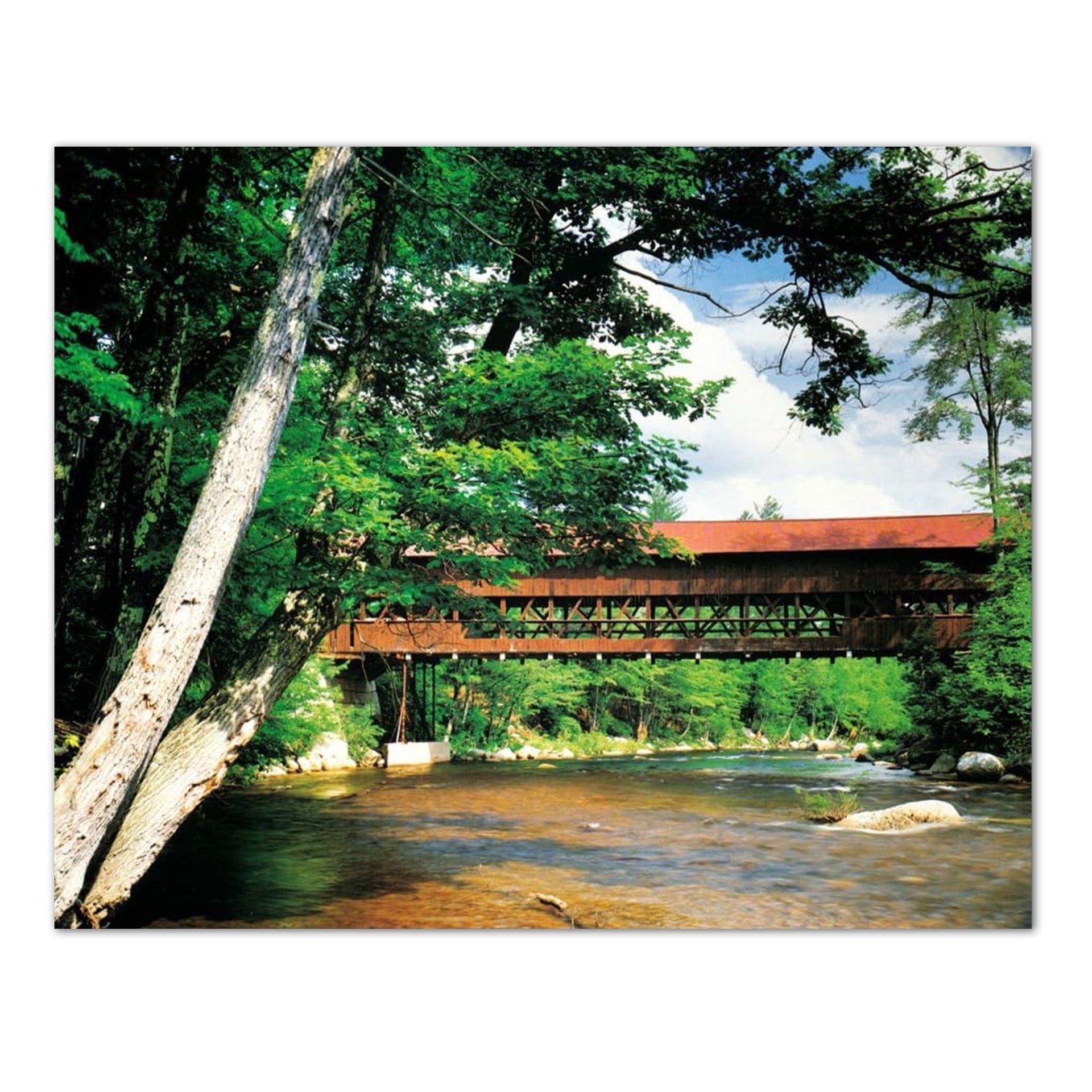Wood Covered Bridge Art – Vintage 8x10 Art Print of Scenic River Landscape