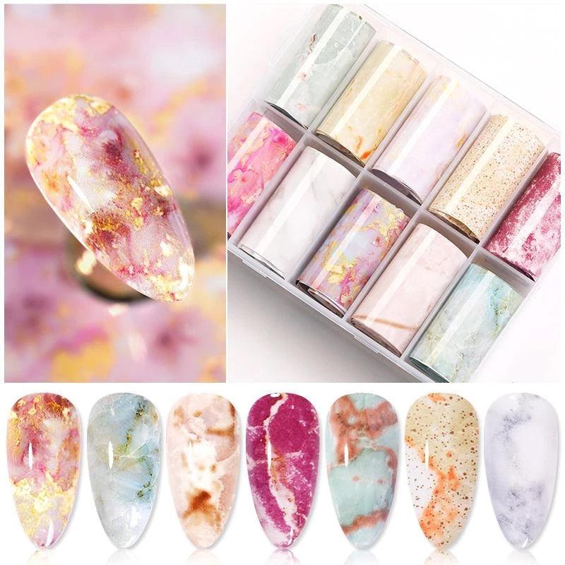 Nail Foils Marble Flower Series Iridescent Nail Art Transfer Sticker Paper Slider Nail Water Decal Design Manicures Decorations  Art Manicures Decoration New Gold Nail Transfer Foils for Nail Arts Nails Supply Holographic Effect Nail Art Foil Stickers Hol