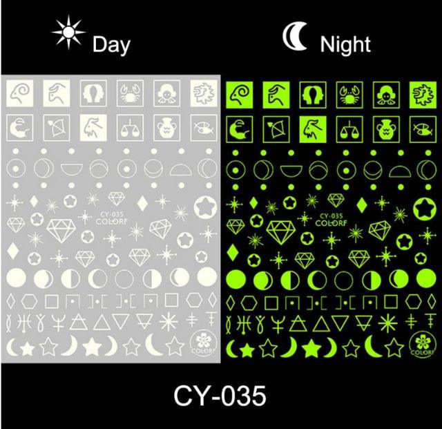 Nail Stickers Back Glue Fluorescent Light Flame Butterfly Moon Love Pattern Designs Nail Decal Decoration Tips For Beauty Salons Glow in Dark Nail Stickers Self-Adhesive Nail Art Decals Butterfly Flower Star Heart Nail Strips Glow Dark Nail Art Manicure