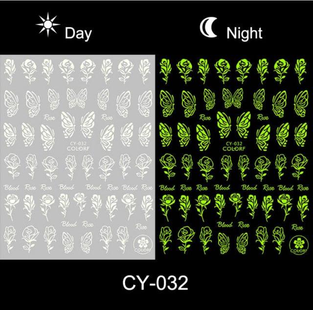 Nail Stickers Back Glue Fluorescent Light Flame Butterfly Moon Love Pattern Designs Nail Decal Decoration Tips For Beauty Salons Glow in Dark Nail Stickers Self-Adhesive Nail Art Decals Butterfly Flower Star Heart Nail Strips Glow Dark Nail Art Manicure