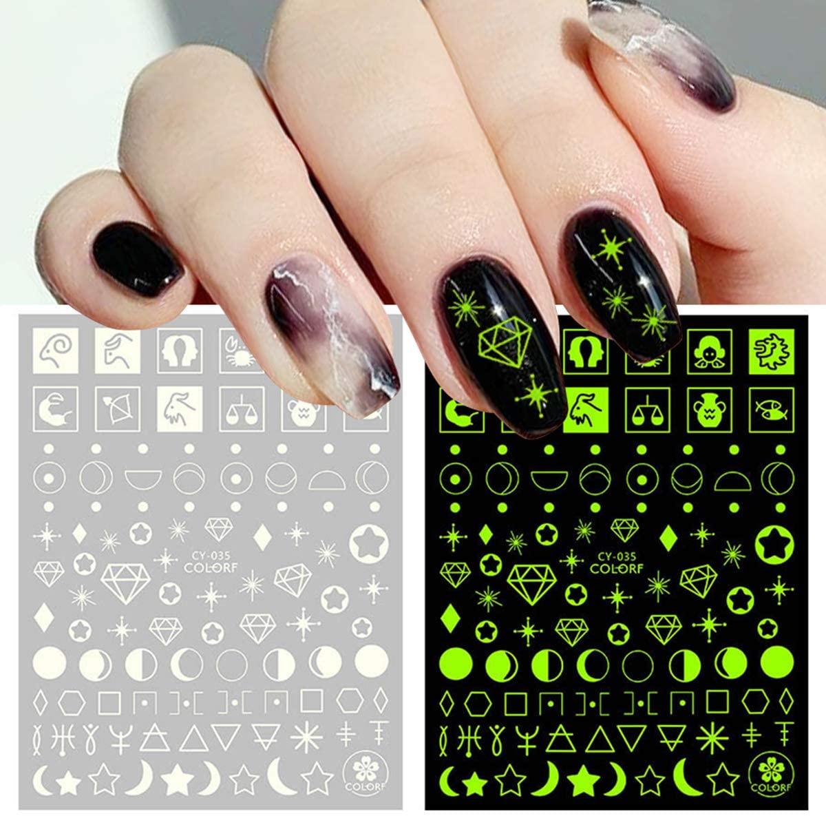 Nail Stickers Back Glue Fluorescent Light Flame Butterfly Moon Love Pattern Designs Nail Decal Decoration Tips For Beauty Salons Glow in Dark Nail Stickers Self-Adhesive Nail Art Decals Butterfly Flower Star Heart Nail Strips Glow Dark Nail Art Manicure