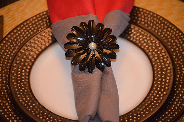 Vibhsa Black Floral Napkin Rings | Set of 4, Pearl Accents, Handcrafted