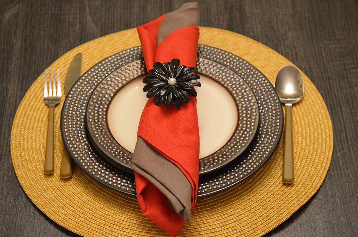 Vibhsa Black Floral Napkin Rings | Set of 4, Pearl Accents, Handcrafted
