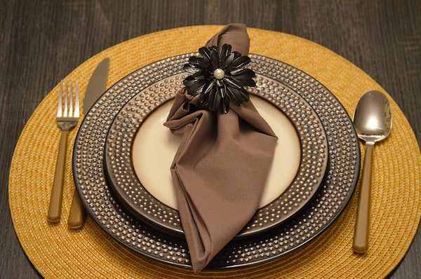 Vibhsa Black Floral Napkin Rings | Set of 4, Pearl Accents, Handcrafted