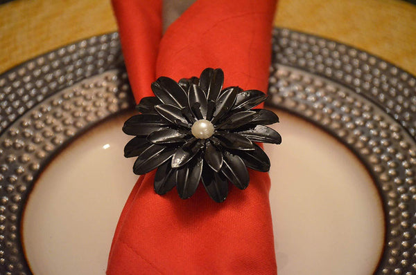 Vibhsa Black Floral Napkin Rings | Set of 4, Pearl Accents, Handcrafted