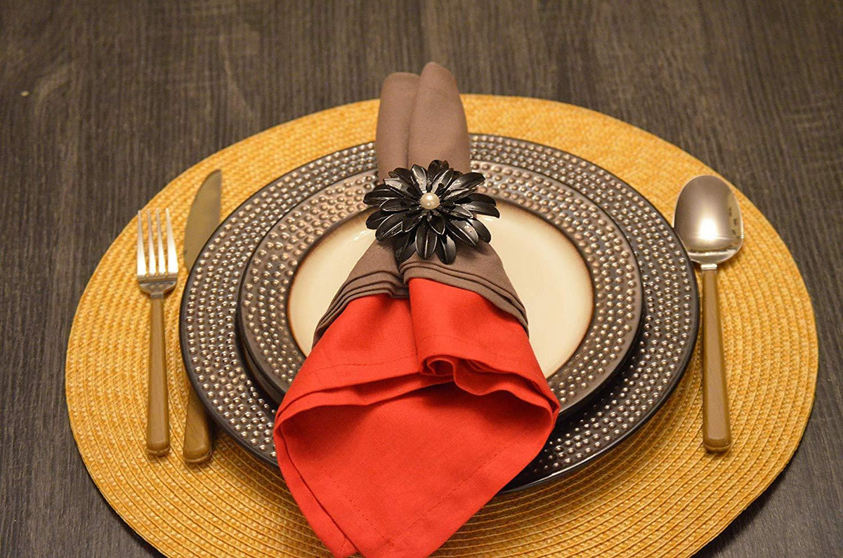 Vibhsa Black Floral Napkin Rings | Set of 4, Pearl Accents, Handcrafted