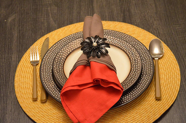 Vibhsa Black Floral Napkin Rings | Set of 4, Pearl Accents, Handcrafted