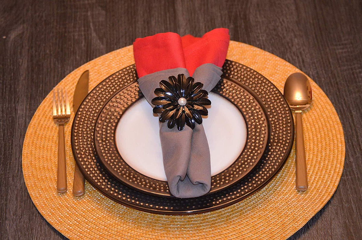Vibhsa Black Floral Napkin Rings | Set of 4, Pearl Accents, Handcrafted
