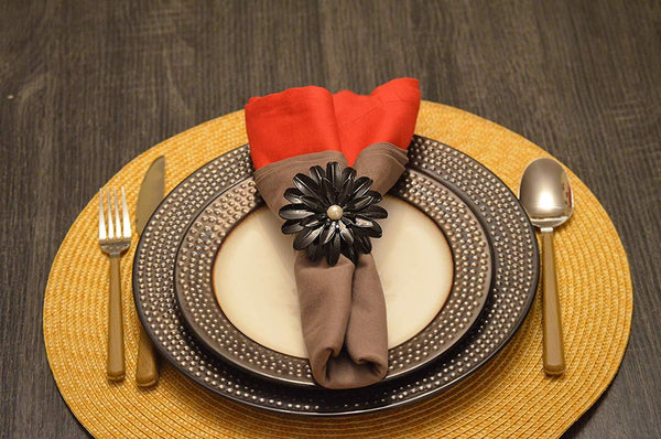 Vibhsa Black Floral Napkin Rings | Set of 4, Pearl Accents, Handcrafted