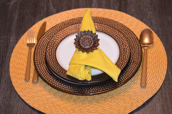 Vibhsa Antique Sunflower Napkin Rings | Set of 4, Handcrafted Aluminum