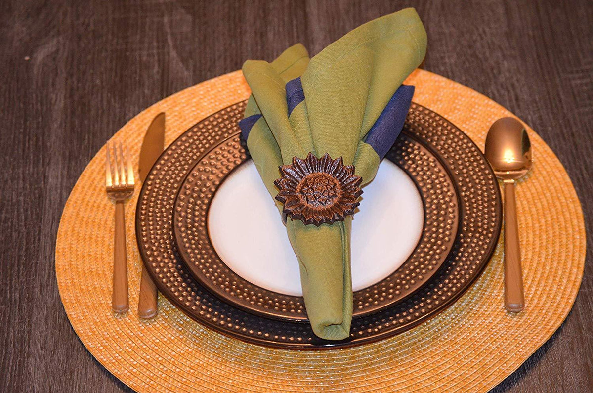 Vibhsa Antique Sunflower Napkin Rings | Set of 4, Handcrafted Aluminum