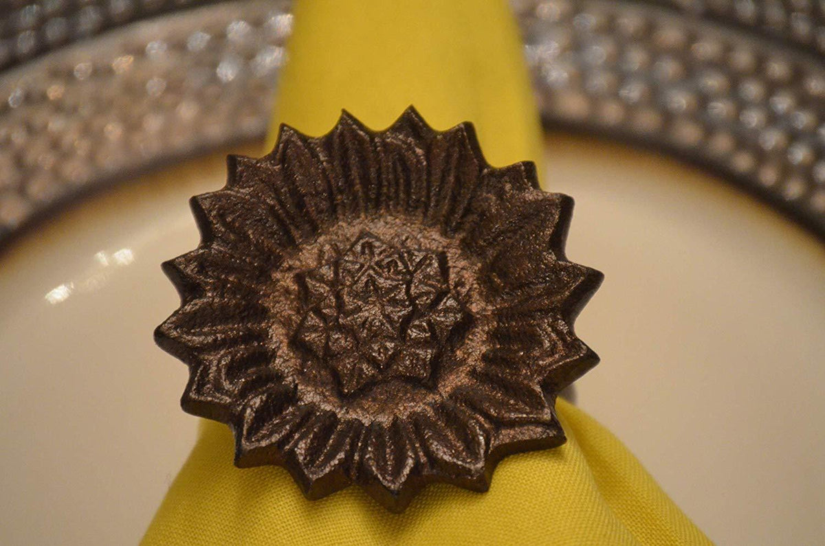 Vibhsa Antique Sunflower Napkin Rings | Set of 4, Handcrafted Aluminum
