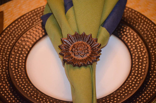 Vibhsa Antique Sunflower Napkin Rings | Set of 4, Handcrafted Aluminum
