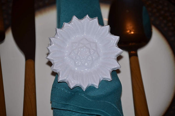 Vibhsa White Sunflower Napkin Rings | Set of 4, Handcrafted Aluminum