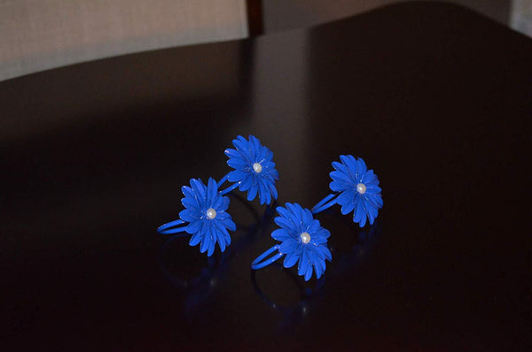 Vibhsa Blue Floral Napkin Rings | Set of 4, Pearl Accents, Handcrafted