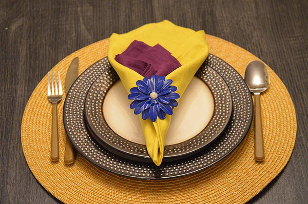 Vibhsa Blue Floral Napkin Rings | Set of 4, Pearl Accents, Handcrafted