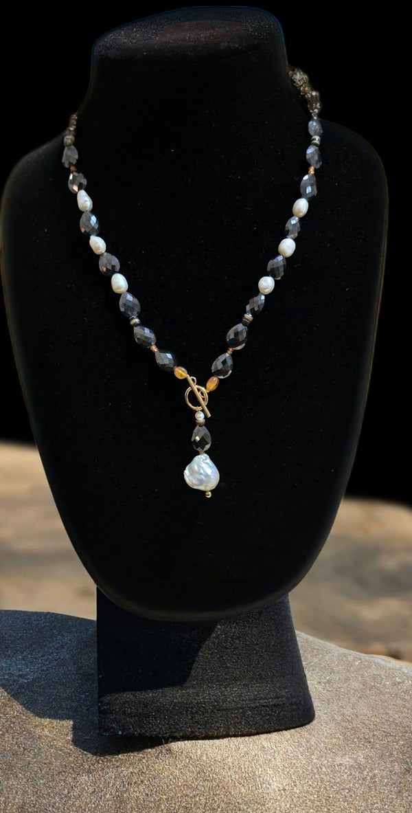 Natural Black Mossanite and Freshwater Pearl Necklace