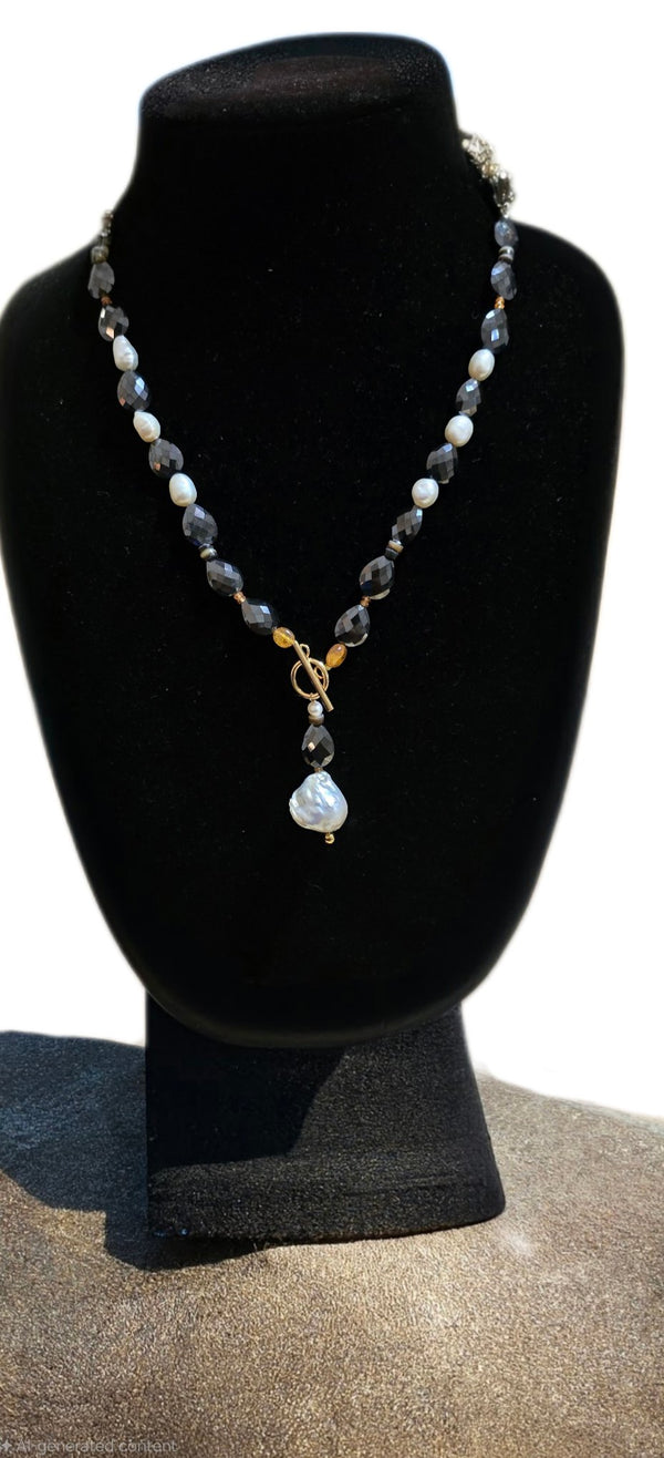 Natural Black Mossanite and Freshwater Pearl Necklace