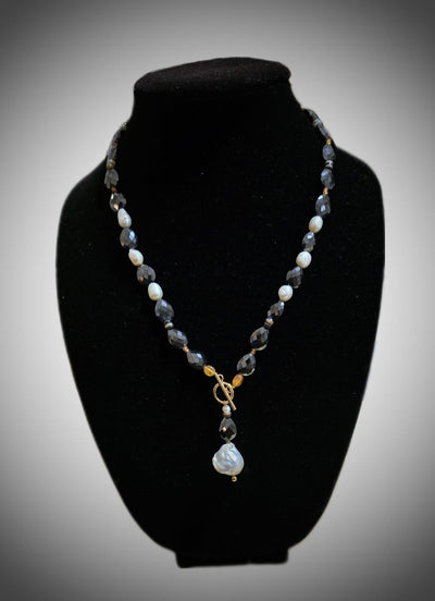 Natural Black Mossanite and Freshwater Pearl Necklace