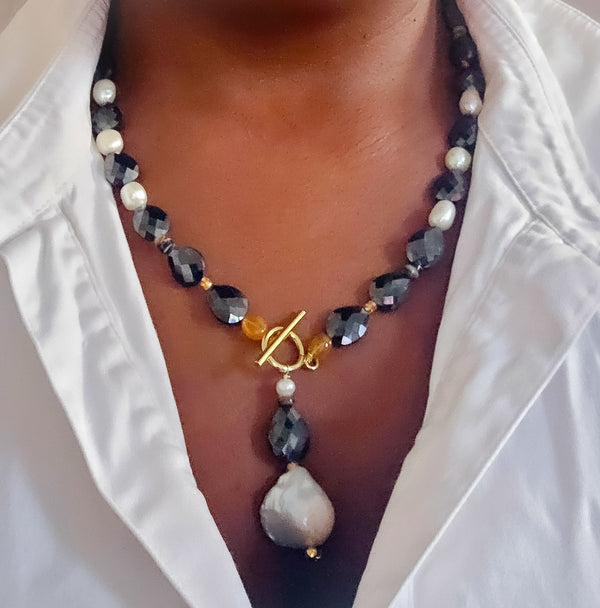 Natural Black Mossanite and Freshwater Pearl Necklace