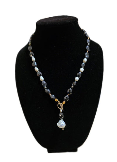 Natural Black Mossanite and Freshwater Pearl Necklace