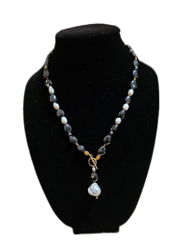 Natural Black Mossanite and Freshwater Pearl Necklace
