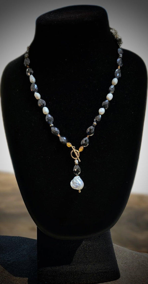Natural Black Mossanite and Freshwater Pearl Necklace