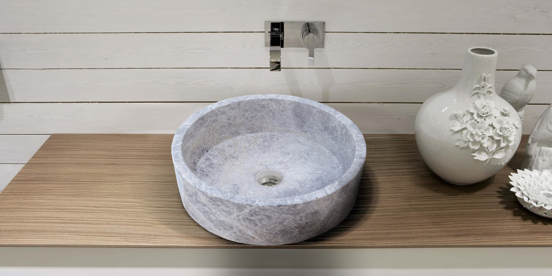 Natural Stone Tundra Grey Marble Round Vessel Sink Polished (D)16.5