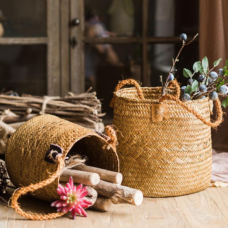 Natural Straw Basket Bag with Rope Handles (Set of 2)