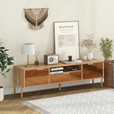 Mirrored TV Stand for TV up to 65 Inch with Spacious Tabletop and 2 Storage Cabinets-Natural