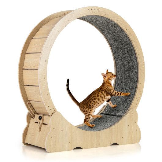 40 Inch Large Cat Exercise Wheel with Lockable Mechanism and Carpeted Runaway for Indoor Cats-Natural
