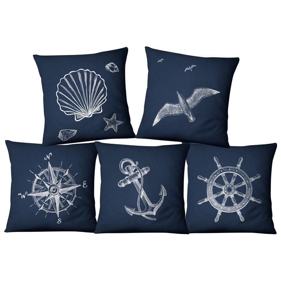 Navigation Navy Blue Nautical Shell Starfish Linen Pillow Cover Blue Anchor Navigation Anchor Sailboat Pillowcase Marine Cushion Cover Sofa Home Decorative Cushion Cover For Home