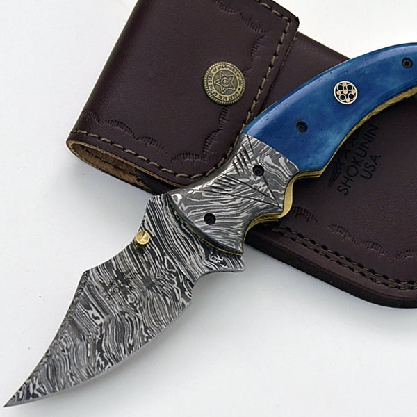 Nebula Damascus Pocket Knife with Bone Handle