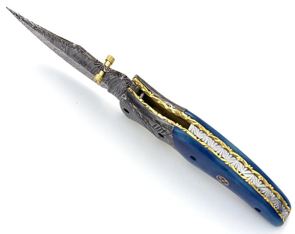 Nebula Damascus Pocket Knife with Bone Handle