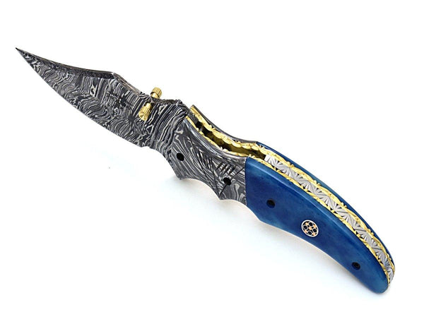 Nebula Damascus Pocket Knife with Bone Handle